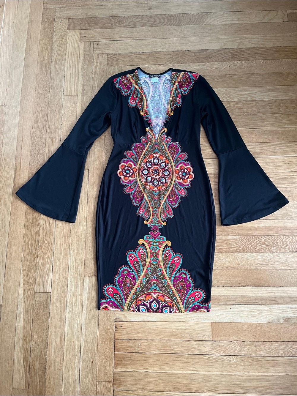 Black Paisley-Print Bell Sleeve Dress